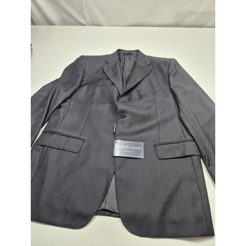Roberto Zanieri Suit Mens 44R Blue Wool Super 140s Check 2 Piece 38x36 Italy NWT - Picture 2 of 16